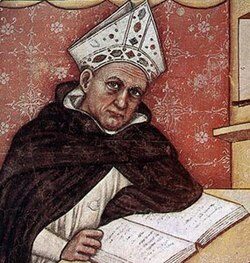 Ausschnitt eines Freskos von Tommaso da Modena (1352): Albertus Magnus im Bischofsornat, sitzend an einem Pult.