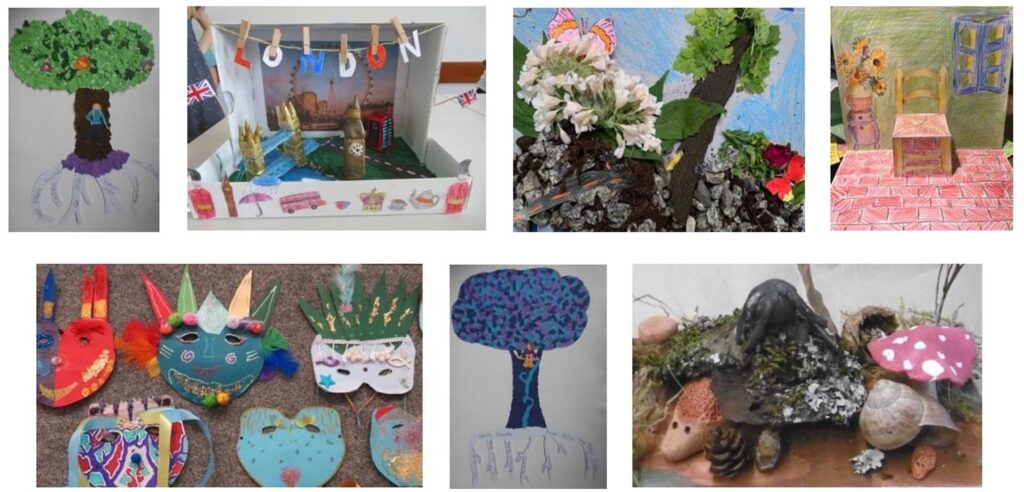 Verschiedene Bilder für Schülerinnen und Schüler, die im Rahmen der Kunstwerkstatt erstellt wurden.